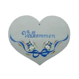 Light grey heart sign with blue "Välkommen" text, Swedish flags, and painted floral ribbon.