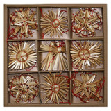 Boxed assortment of straw ornaments. Natural straw, red thread, various star and angel designs.