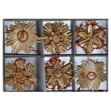 Boxed assortment of straw star ornaments; natural straw, red thread, silver box.
