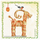 Watercolor illustration of a straw Yule goat with a red ribbon and bird, framed by green leaves.
