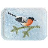 Rectangular birch tray featuring a bullfinch on a pine branch against a blue snowy background.