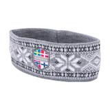 Grey and white knit headband featuring a Nordic snowflake pattern and a Scandinavian flag patch.