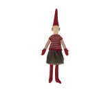 A fabric Maileg pixie doll wearing a pointed red hat, striped sweater, green corduroy skirt, and red mittens.