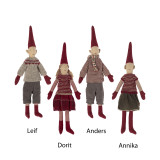 Four Maileg 12-inch Pixy dolls named Leif, Dorit, Anders, and Annika, in knitted holiday outfits.
