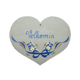 Light gray heart-shaped slate wall hanging with blue "Velkomin" text, Icelandic flags, and ribbon.