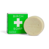 Green and white Birch Soap box with a round soap bar.
