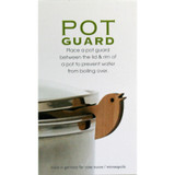 Packaging for a wooden bird-shaped pot guard placed between a pot's rim and lid.