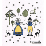 Swedish dishcloth with folk art dancers, maypole, church, and cats