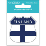 Blue and white Finland shield sticker with "FINLAND" text.