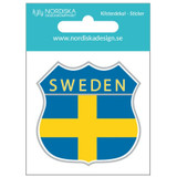 Sweden shield sticker with yellow cross on blue background, "SWEDEN" text.