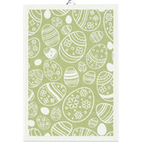 Green organic cotton kitchen towel featuring a white Easter egg pattern.