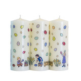 Three cream pillar candles with Easter egg designs and children hunting for eggs.