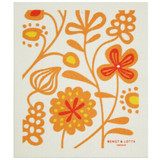 Orange floral Swedish dishcloth by Bengt & Lotta with retro botanical designs on a cream background.