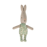 Maileg 4-inch linen rabbit toy wearing a green floral dress and matching scarf.