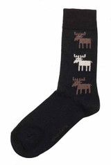 Black wool-blend sock with a stacked pattern of brown and white pixelated moose.