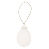 White wooden Easter egg ornament with a small bead cap and linen hanging string.