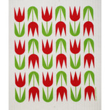 Swedish dishcloth with a retro red and green tulip pattern on a white background.