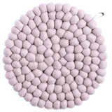 Lavender wool ball trivet viewed from above, with a small hanging loop.