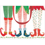 Illustration of elf legs in red and green striped stockings and colorful shoes.