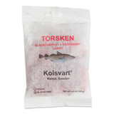White bag of Torsken blackcurrant and raspberry candy with a fish illustration. Vegan and gluten-free.