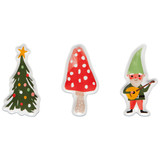 Set of three festive stoneware mini dishes shaped like a Christmas tree, a red-and-white mushroom, and a gnome.