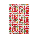 A flat-woven white organic cotton kitchen towel featuring a festive red, green, and brown holiday ornament pattern.