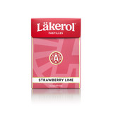 Lakerol Strawberry Lime pastilles box; red and pink; gold accents; sugarfree.