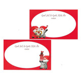 Two red holiday note cards with scalloped white ovals, featuring gnome illustrations and Swedish text.