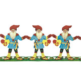 Vintage Swedish paper garland of three festive gnomes in blue tunics, red hats, and yellow boots, holding woven heart