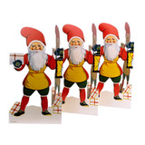 Three connected vintage Swedish paper tomte cutouts showing festive gnomes with lanterns.