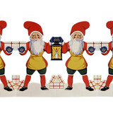 Vintage Swedish paper holiday decoration featuring repeating red-suited Tomtes holding a lantern.