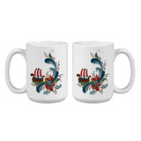 Two white ceramic mugs with a Viking ship and traditional blue, red, and green rosemaling design.