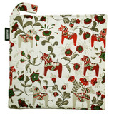Square ivory cotton potholder featuring a red, grey, and green Dala horse and kurbits floral pattern.