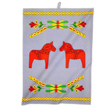 Grey Swedish Dalahorse tea towel with red horses, yellow, green, and red floral motifs, and dotted borders.