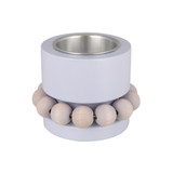 Lavender wooden tea light holder with a silver metal insert and natural wood bead wreath.