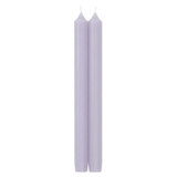 Two 10-inch lavender taper candles standing upright against a white background.