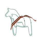 Metal Dala horse cookie cutter with red, white, and green ribbon tied around neck