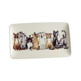White rectangular porcelain plate featuring an illustration of eight whimsical cats and mice.