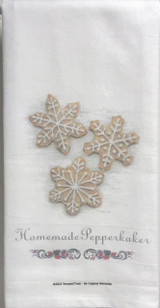 White cotton towel with three snowflake-shaped cookies and "Homemade Pepperkaker" text.