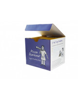 An open purple gift box with cartoon illustrations and text detailing the mug's handmade process.