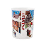 Bone china Christmas mug featuring a snowy village scene and red "CHRISTMAS" text on the handle.