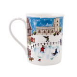 White bone china mug featuring a festive snowy village scene with children ice skating.