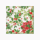 White cocktail napkin with green leaves and red berries in a botanical chintz pattern.