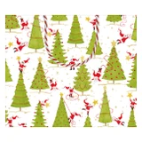 White gift bag with repeating pattern of Santas, green Christmas trees, and gold stars.