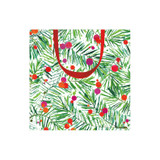 Small square gift bag with a green pine branch and colorful berry pattern, featuring red handles.