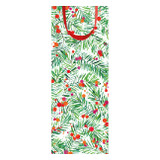 Tall wine gift bag with painted green pine boughs and red berries, and a red ribbon handle.
