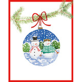 Watercolor Christmas card with a blue ornament hanging from pine branches, featuring two snowmen.