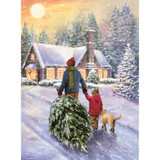 Snowy winter scene of a parent and child walking home, dragging a Christmas tree, with a golden retriever and a decorated