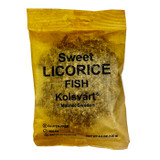 Yellow crinkled paper pouch of Kolsvart sweet licorice fish candy with black text.