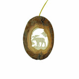Wooden oval ornament with bark edges, cut-out moose silhouette, and gold string.